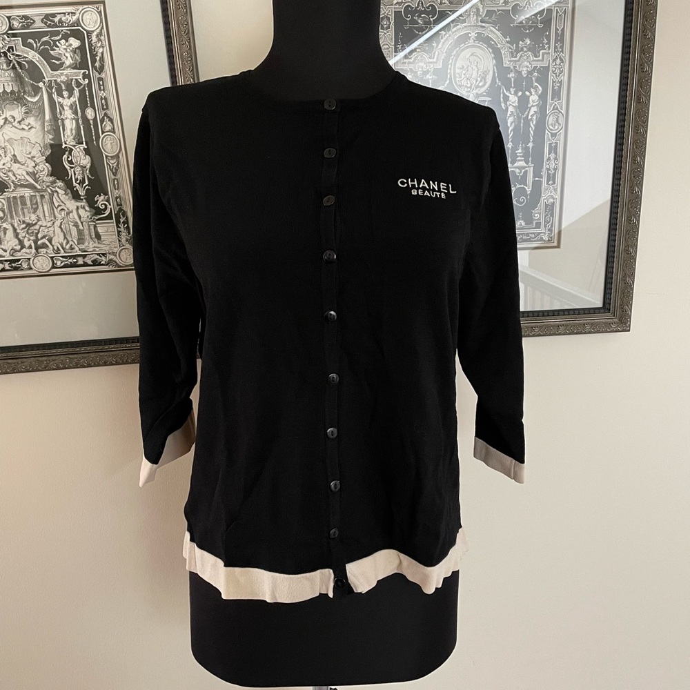 Black Cardigan with 3/4 Length Sleeve with Off White Trim